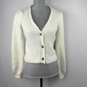 Lulus Cropped Cardigan Sweater Small Off‎ White Rib Knit Soft Stretch Comfy Warm